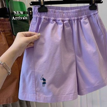 現款免運 休闲短裤 刺繡夏季新款白色口袋熱褲鬆緊薄款休閒高腰短褲顯瘦簡約韓版G