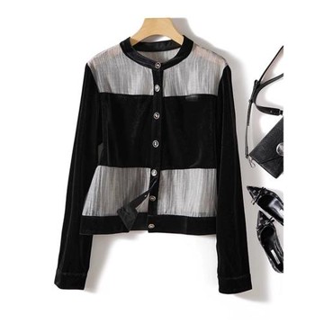 歐洲站春秋流行款真絲絨小衫 遮肚子顯瘦洋氣減齡百搭喬其紗上衣