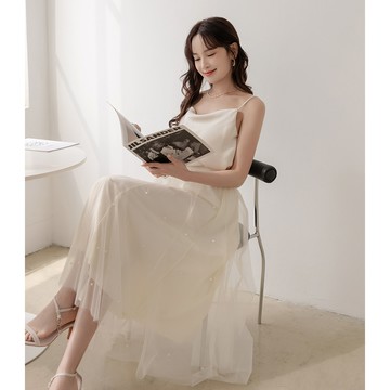 【夏季新品】HS 高級感珍珠紗裙 杏色