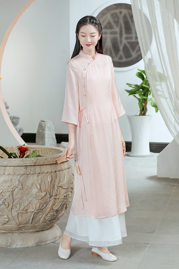 素飛新中式素雅復古旗袍日常可穿小清新漢服女夏季仙氣茶服連衣裙