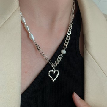 小寶s925純銀復古珍珠愛心拼接毛衣鏈項鏈女小眾設計輕奢高級秋冬