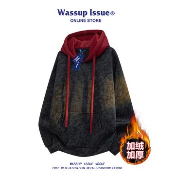 WASSUP ISSUE美式重磅扎染連帽衛衣男款加絨加厚保暖情侶上衣服男