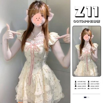 收腰顯瘦法式蝴蝶結綁帶公主蛋糕短裙女春季小飛袖碎花連衣裙