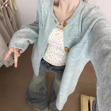 臺灣出貨 針織外套日系甜美毛衣開衫外套春季新款好看寬鬆慵懶針織衫上衣 女生外套 針織上衣 女生上衣
