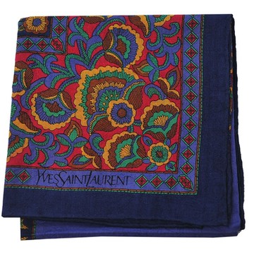 YSL Yves Saint Laurent 繽紛浮水印刺繡花朵圖紋字母LOGO帕領巾(深藍紫/52CM)