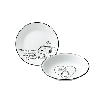 【美國康寧 CORELLE】SNOOPY 復刻黑白 2件式餐具組(6吋平盤+6吋深盤)