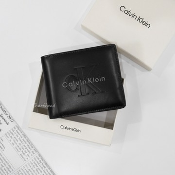 【Sharkhead】現貨 Calvin Klein 重疊 錢包 皮夾 燙印 全黑 短夾 CK 黑色 皮革 零錢格 短夾