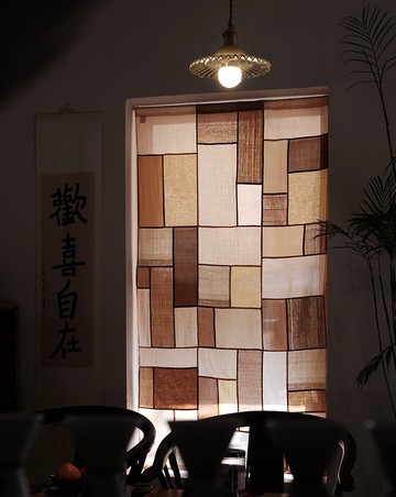 茶染拼布门帘 手工植物染 中式日式和风遮光半帘亚麻隔断