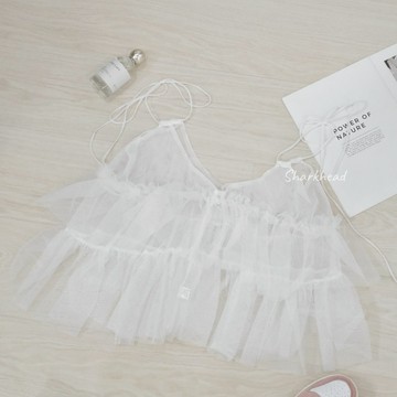 【Sharkhead】現貨 小背心 罩衫 透膚 日系 疊穿 抽繩 短版 荷葉邊 背心 無袖 綁帶 花花 捲邊 澎澎上衣