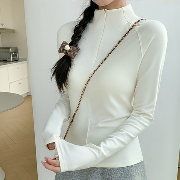 中高領德絨刷毛打底衫內搭女2024q年秋冬新款魚骨半拉鍊上衣T恤