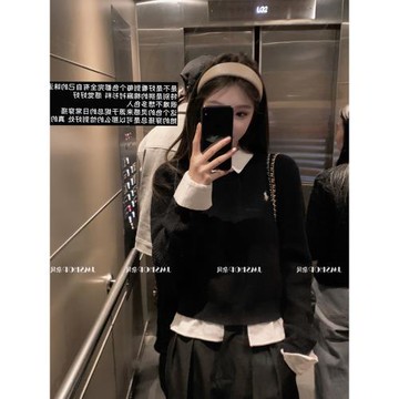 學院風襯衫領拼接假兩件毛衣女秋冬新款刺繡設計感針織衫長袖上衣