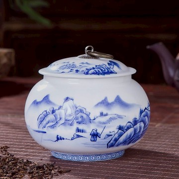 景德鎮陶瓷青花瓷密封銅環茶葉罐帶蓋儲存罐普洱茶具茶倉茶罐子