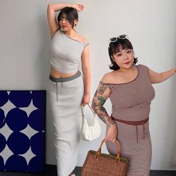 LULUS/PLUS/中大尺碼/套裝顯胸橫紋扭結上衣+腰鬆緊貼身長裙２色【A01260682】260819