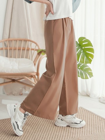 腰頭打褶落地小喇叭寬褲