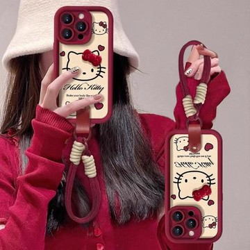 適用蘋果17promax手機殼酒紅色新款小羊皮iphone16pro貓咪蝴蝶結15/14帶掛繩13網紅可愛12全包防摔11卡通潮