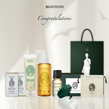 快速出貨【ROOTON】畢業快樂！甦活植萃髮根噴霧150ml+甦活植萃洗髮精50ml+喚活極萃雙效修護髮油8ml+淨粹植潤沐浴膠5ml+淨粹植潤身體乳5ml+頭皮按摩梳+女神提袋+帆布束口袋
