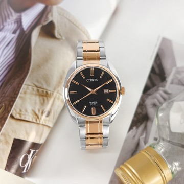 CITIZEN 星辰表 / BI5104-57E / 礦石強化玻璃日本機芯日期不鏽鋼手錶 黑x鍍玫瑰金 41mm
