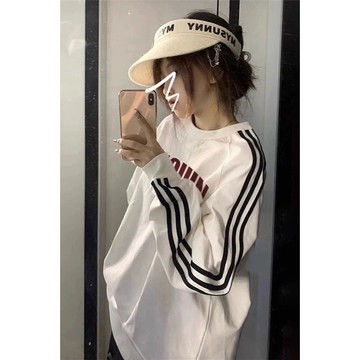 臺灣/✨純棉衛衣 衛衣女 圓領上衣復古2024秋冬新款圓領寬松休閑上衣加絨款三杠衛衣情侶學院風百搭