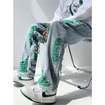 vibe褲子高街潮牌ins刺繡破洞牛仔褲男士設計感小眾hiphop直筒褲