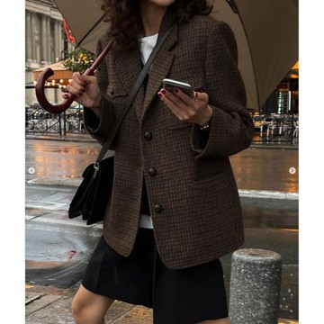 春秋穿搭高級感100%羊毛呢格子西裝外套女韓版休閑小西服2025新款