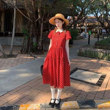 【赫本風紅色波點連衣裙】洋裝 長裙 短袖洋裝 裙子 連身洋裝 赫本風洋裝 連身裙洋裝 復古長裙 收腰顯瘦 女裝 衣服 連
