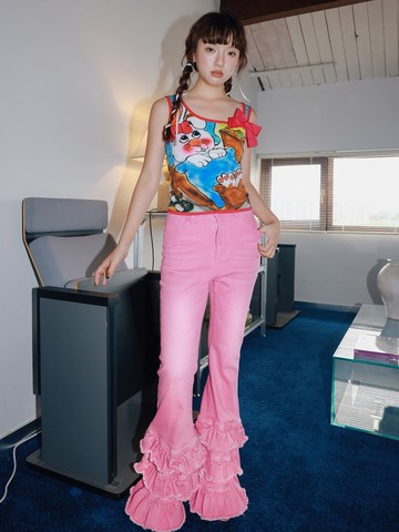 粉色花邊喇叭褲  童趣可愛  復古少女