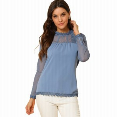 Allegra K シフォン ブラウス シースルー トップス レース 花柄 長袖 丸首 レディース ダスティブルー Xs 通販 Lineポイント最大get Lineショッピング