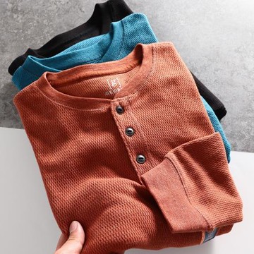 口碑好貨 亨利領華夫格男士純色T恤春夏薄款時尚休閑長袖打底衫潮