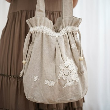 亞麻刺繡抽繩束口手提布包760249