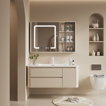 圓角實木陶瓷一體奶油浴室柜智能洗臉盆組合洗漱衛生間洗臉盆柜