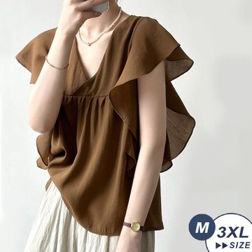 【 LANNI 藍尼】★復古設計飛飛袖簡單質感上衣 (V領/襯衫/寬鬆)