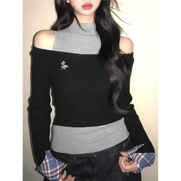 大碼美式復古辣妹針織長袖上衣內搭打底衫女秋冬設計感顯瘦T恤潮