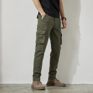 美軍工裝褲高街男士修身直筒新款春秋休閑軍綠色顯瘦褲子彈力男款