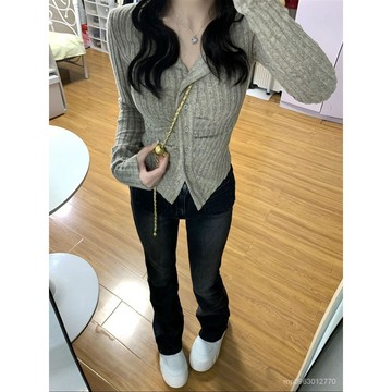 B長袖T恤 美拉德長袖針織開衫女秋季設計感小衆修身顯瘦辣妹內搭打底衫上衣L