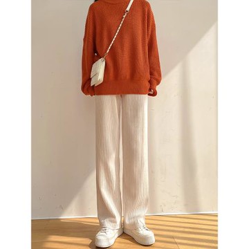 加絨雪尼爾闊腿褲女秋冬高腰垂感寬松直筒白色燈芯絨休閑拖地長褲