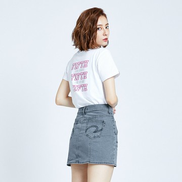 女裝 牛仔裙 剪接排扣短裙 麻灰色 (980025) 【5th STREET】