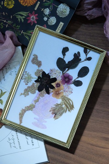 押花相框/ 壓花 植物圖鑑 花框 古典盆花 花瓶 古董相框 裝飾