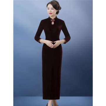 中老年媽媽裝新款金絲絨喜婆婆婚宴會裝婚禮服改良簡約旗袍高貴女