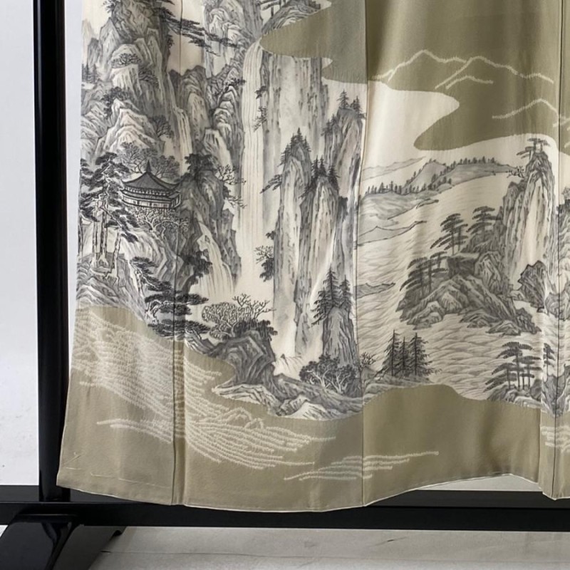 訪問着 秀品 風景 建物 縮緬 灰茶 袷 身丈156.5cm 裄丈64cm M 正絹