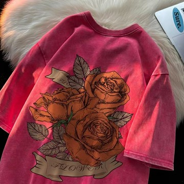 ??【MLM】??玫瑰印花上衣 水洗復古風短袖 高質量 耐穿 多色可選 休閒百搭T恤 寬鬆oversize M-2XL