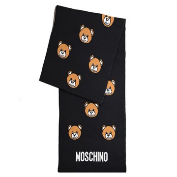 MOSCHINO 30823 M3176 滿版小熊羊毛混紡長圍巾.黑