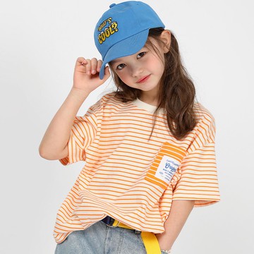 韓國 J KIDS - 胸前口袋細條紋短袖上衣-橘