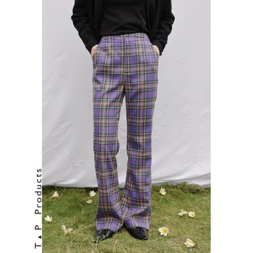 ＜糖皮出品＞捕夢網 春季紫色調色織格子 高腰休閑拖地褲