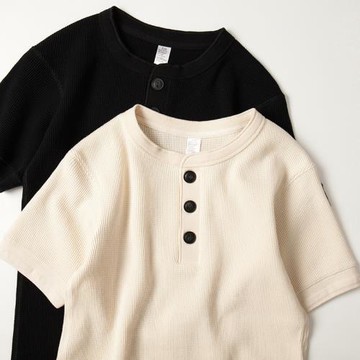 美式復古重磅T恤 純棉華夫格原棉米白色亨利領硬漢風阿美咔嘰短袖