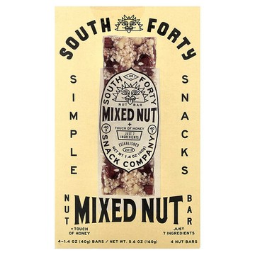 South Forty Snack Company, 堅果棒，混合堅果 + 少許蜂蜜，4 根，每根 1.4 盎司（40 克）