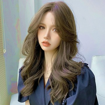 韓版時尚中分八字劉海假發女長發蓬松大波浪長卷發型棕色全頭套式