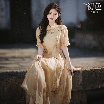 初色 新中式立領五分短袖改良式旗袍連衣裙連身洋裝-米杏色-33997(M-XL可選)