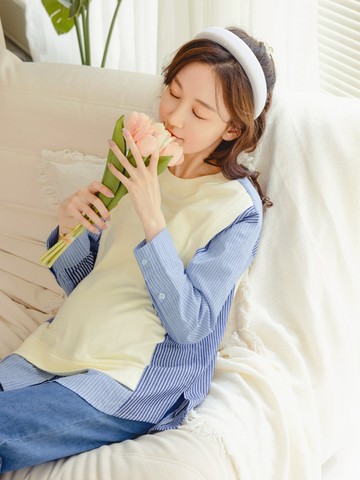 簡約純棉拼接條紋開衩哺乳上衣