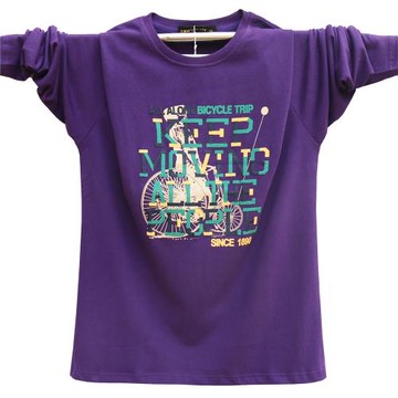 青少年大碼男裝純棉寬松運動長袖T恤男 圓領百搭上衣胖子港式紫色