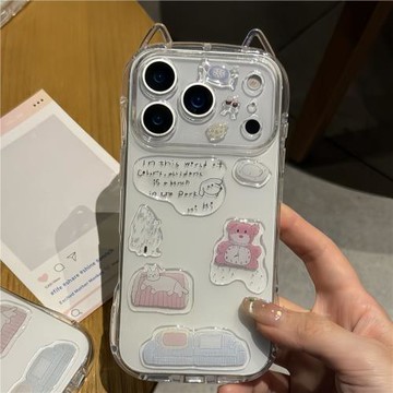 可愛貓耳朵適用蘋果17promax手機殼新款彩繪iPhoneAir小熊貼紙16pro卡通可愛15小眾高級感14全包防摔13保護套